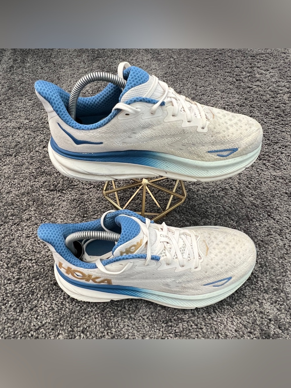 Hoka One One Clifton 9 Shoes Mens Size 8D White Blue Lace Running 1127895-FTG